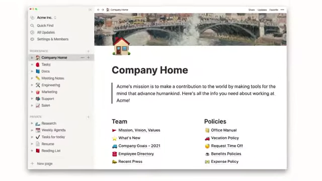 Notion's "Company Home" user interface, demonstrating its consolidated workspace for teams and policies.