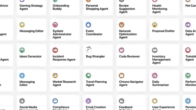 A display of various specialized AI agent roles, such as "Gaming Strategy Agent" and "Bug Wrangler."