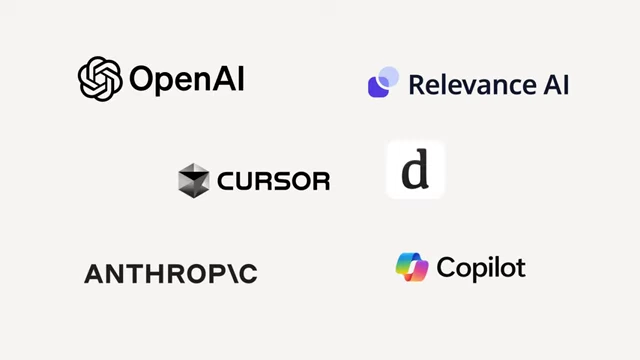 Logos of various AI companies like OpenAI, Relevance AI, Cursor, Anthropic, and Copilot.