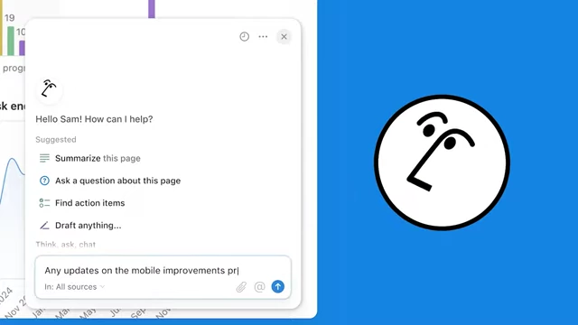 Notion AI's conversational interface, showing features like summarizing pages and drafting content.