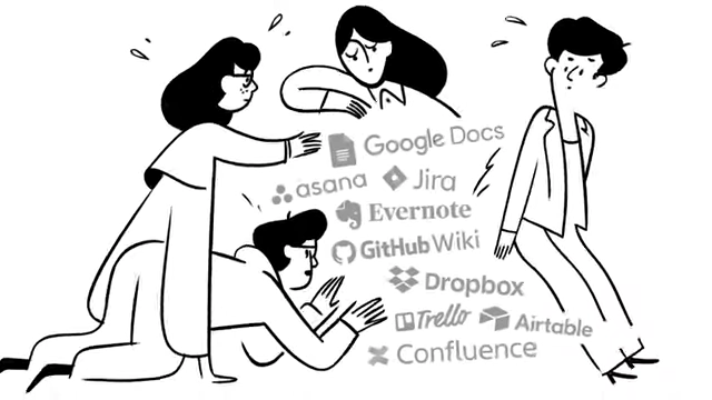 An illustration depicting individuals overwhelmed by numerous separate SaaS applications (e.g., Google Docs, Jira, Evernote).