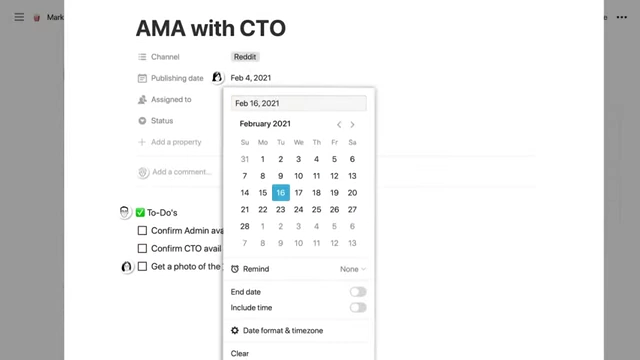 A Notion database entry with a date property showing a calendar picker, demonstrating structured data management.
