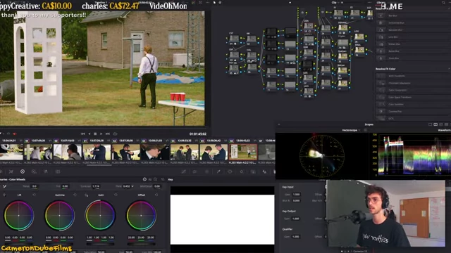 The DaVinci Resolve color grading interface shows color wheels and a power window being applied to a video clip.