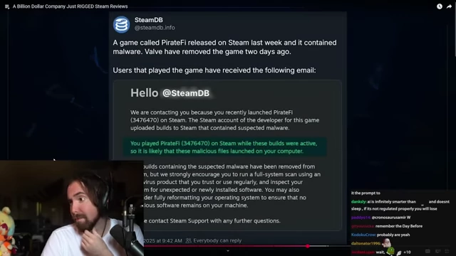 SteamDB 发布的关于《PirateFi》含恶意软件被下架及 Valve 警告用户邮件的推文。
