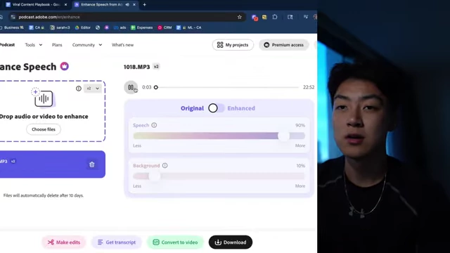 Adobe Podcast's interface demonstrating the difference between original and AI-enhanced audio quality