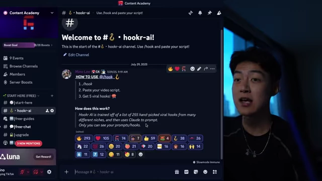 The Discord interface for "Hooker AI," an AI writing assistant specialized in generating viral hooks
