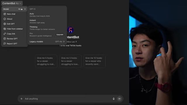 The ChatGPT interface showing "ContentBot," an AI tool integrated with script templates and viral hooks