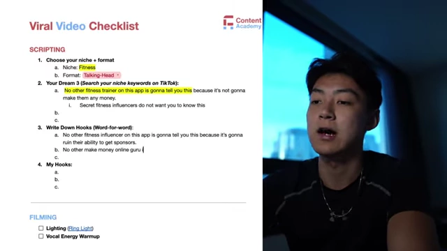 The "Viral Video Checklist" showing an example of adapting a viral hook for a new niche