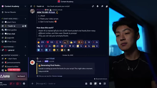 Hooker AI in action, generating viral hooks based on a pasted script within the Discord server