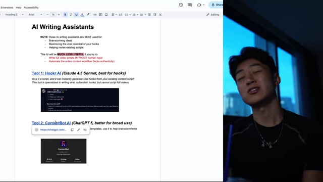 An overview section from the playbook on AI Writing Assistants, listing Hooker AI and ContentBot AI