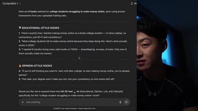 ContentBot AI's output, generating educational and opinion-style hooks for college students struggling to make money online