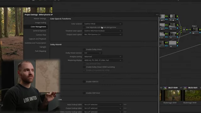 DaVinci Resolve Project Settings for Color Management, showing DaVinci Wide Gamut color science and timeline