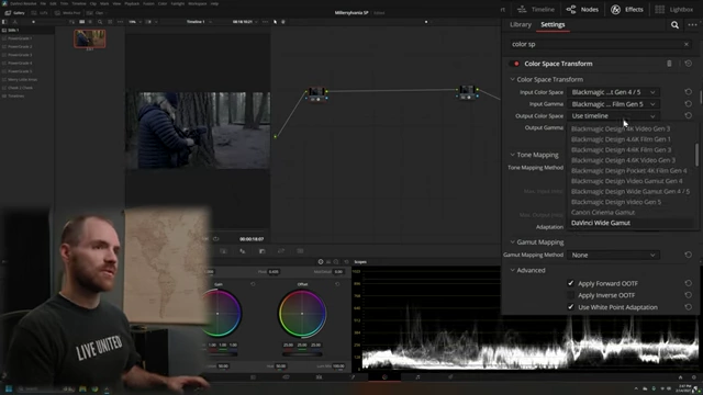 CST Input node settings configured for Blackmagic Design Wide Gamut and DaVinci Intermediate output