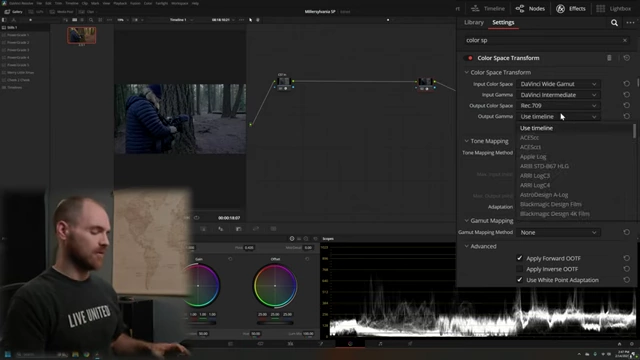 CST Output node settings configured for DaVinci Wide Gamut input and Rec 709 Gamma 2.4 output with DaVinci tone mapping