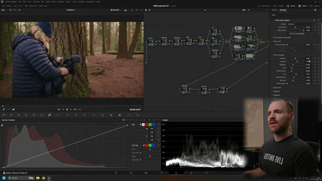 Film Look Creator settings, showing subtle adjustments to color blend and film look, with various cinematic effects disabled