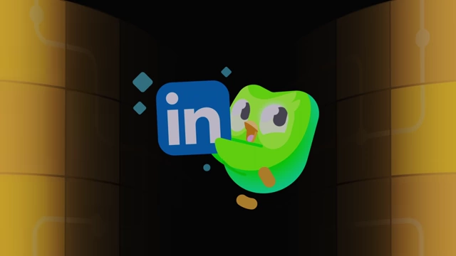 The LinkedIn logo integrated with the Duolingo owl, signifying the partnership.