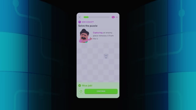 A Duolingo Chess lesson interface, showing a puzzle-based challenge to capture a piece.