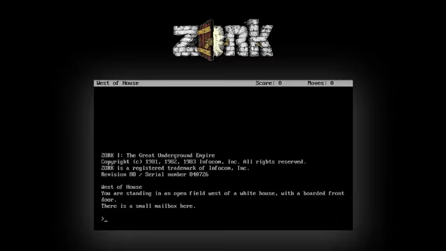A screenshot of the text-based adventure game Zork, showing the command prompt and game text.
