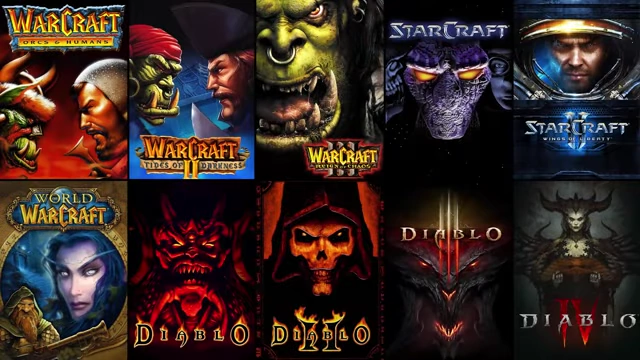 A collage of classic Blizzard game covers, including Warcraft, StarCraft, Diablo, and World of Warcraft.