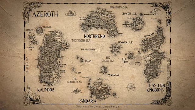 A detailed map of Azeroth, the primary world of World of Warcraft.