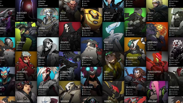 A collage of early concept art for various Overwatch heroes, highlighting their unique designs and abilities.