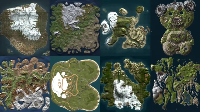A collage of various procedural maps generated in Rust, showcasing different island layouts.