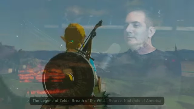 Gameplay from The Legend of Zelda: Breath of the Wild, overlaid with Jeff Kaplan's image.