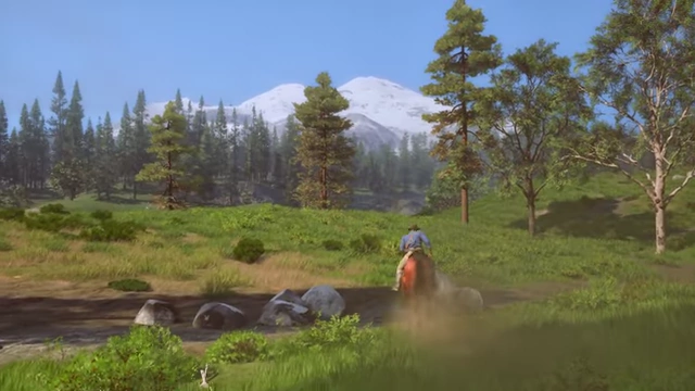 The Legend of California gameplay showing a character riding a horse through a lush landscape.