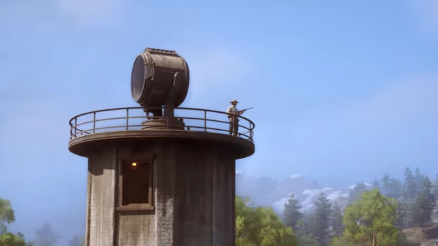 A character stands atop a lighthouse-like tower with a rifle in The Legend of California.