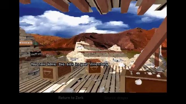 A screenshot from "Return to Zork" with 3D graphics, contrasting with the original text-based game.