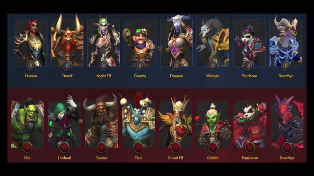 A visual displaying various playable races in World of Warcraft, divided into Horde and Alliance factions.