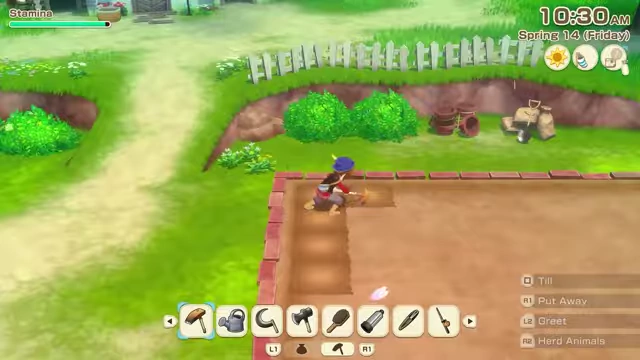 Gameplay from Story of Seasons, showing a character tilling soil on a farm.