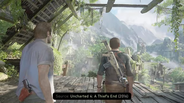 A scenic view from Uncharted 4: A Thief's End, showcasing detailed environments and characters.