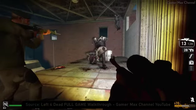 First-person shooter gameplay from Left 4 Dead, showing players fighting zombies in an indoor environment.