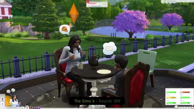 Gameplay from The Sims 4, showing Sims interacting in a garden setting.