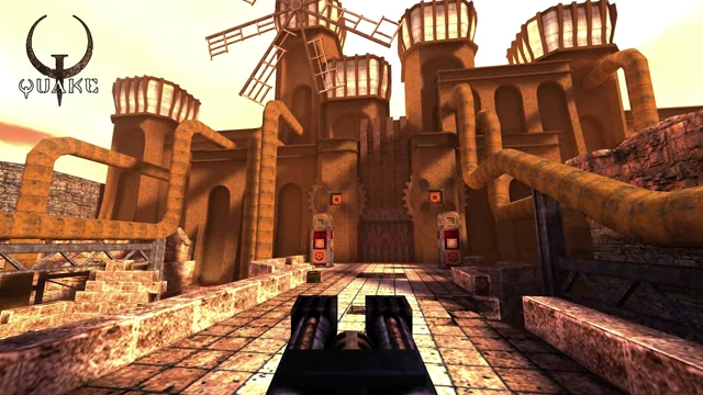 Gameplay screenshot from Quake, showcasing its distinctive dark fantasy environment and first-person perspective.