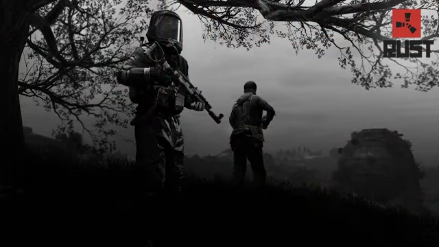 A promotional image for the survival game Rust, featuring two characters in a stark landscape.