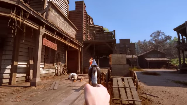 First-person shooter perspective with a pistol, showing a character engaged in combat in a town street in The Legend of California.