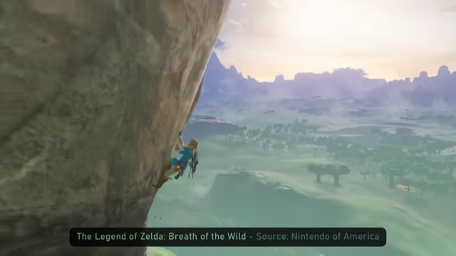 Link climbing a sheer cliff face in The Legend of Zelda: Breath of the Wild.