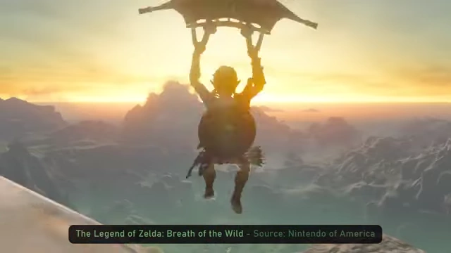 Link paragliding over a vast landscape during sunset in The Legend of Zelda: Breath of the Wild.
