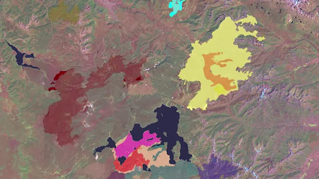 Satellite map showing various megafires merging in Yellowstone National Park
