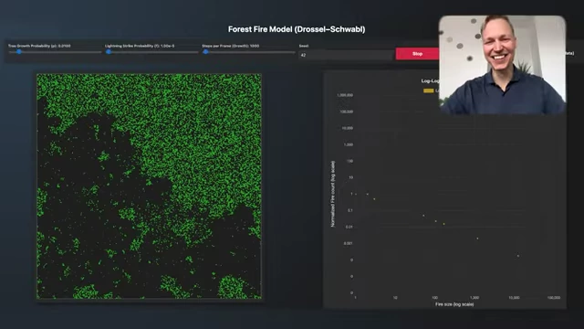Forest fire simulation showing a massive fire and its power law distribution on the log-log plot