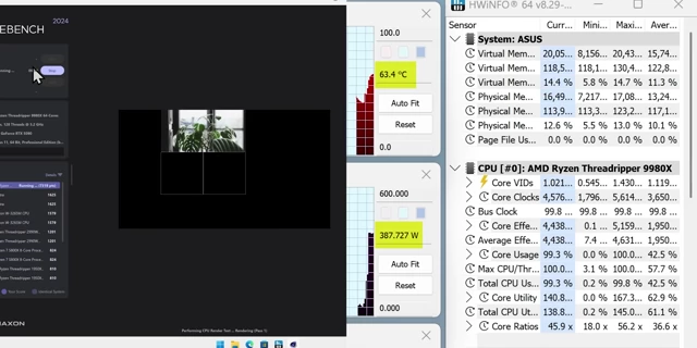 HWiNFO64 monitoring showing CPU Core Clocks, Temperature, and Power Consumption during Cinebench after PBO