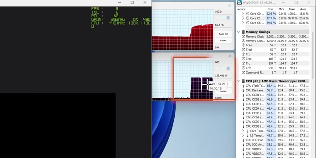 HWiNFO64 monitoring showing CPU power and temperature during Cinebench (stock)