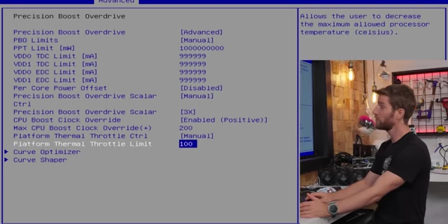 BIOS settings for Precision Boost Overdrive with platform thermal throttle limit set to 100°C