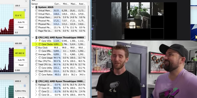 HWiNFO64 monitoring showing 4.85 GHz core clocks and 487.88W power during Cinebench stress test