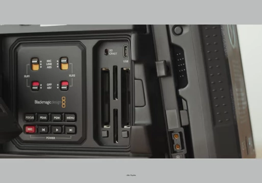Blackmagic URSA Mini Pro 4.6K G2 showing card slots and audio controls.