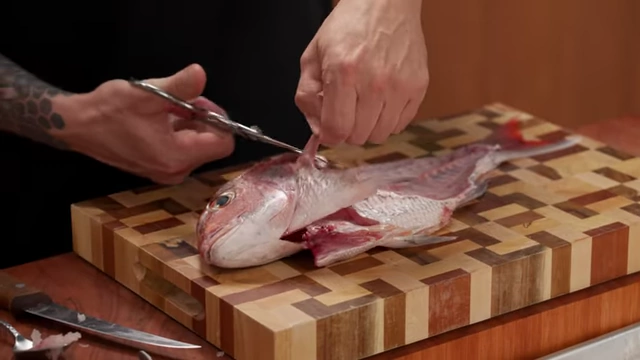 A chef uses kitchen shears to remove the fins from a fish carcass for stock