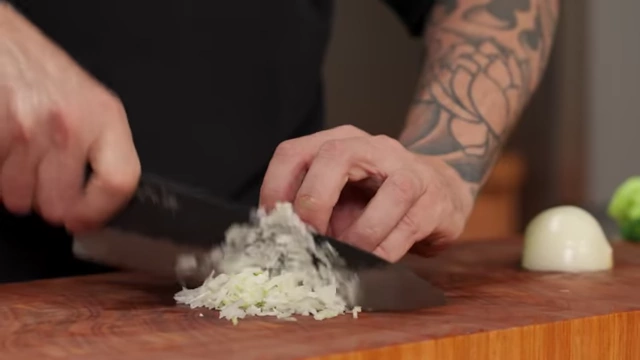 Finely diced onion on a cutting board