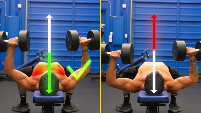 Illustration comparing full range of motion versus partial range of motion in a dumbbell press, emphasizing the importance of reaching the stretched position for optimal muscle growth.